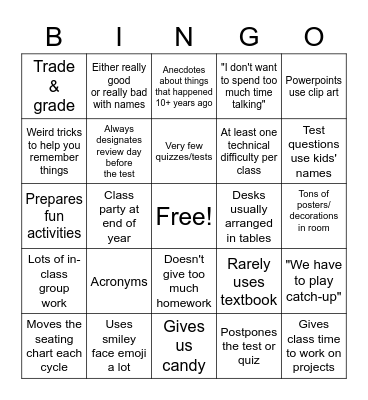 Kindly Old/Late Middle Aged Female Teacher Bingo Card