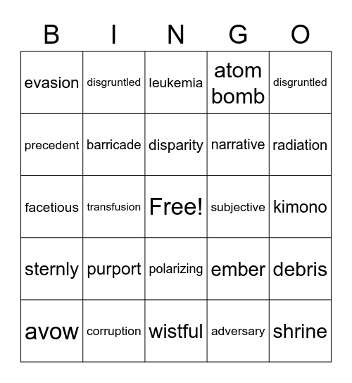Word of the Day: Unit 1 Bingo Card