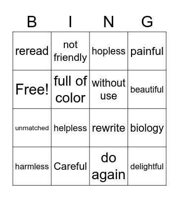 Prefix and Suffix Bing Bingo Card