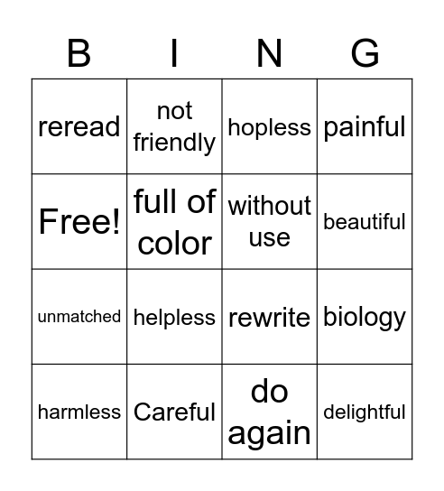 Prefix and Suffix Bing Bingo Card