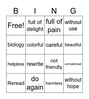 Prefix and Suffix Bing Bingo Card
