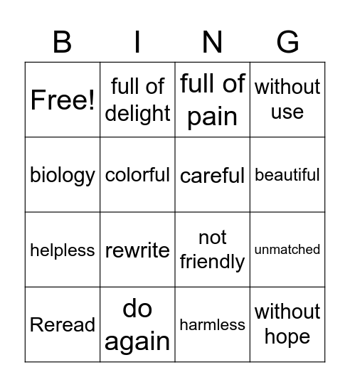 Prefix and Suffix Bing Bingo Card