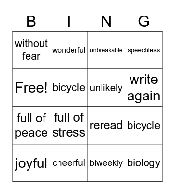 Prefix and Suffix Bing Bingo Card