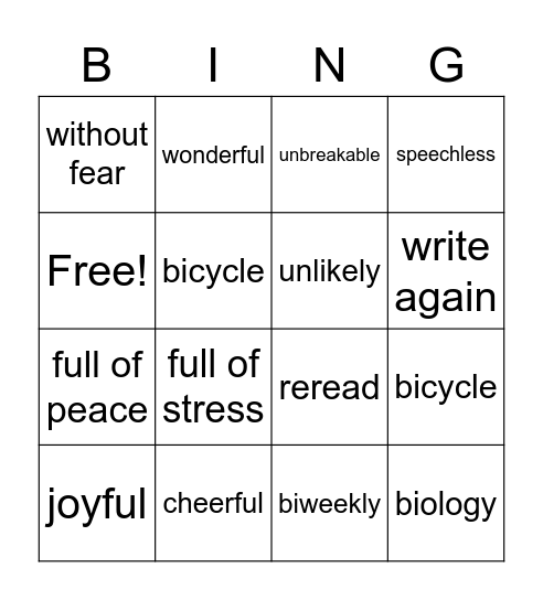 Prefix and Suffix Bing Bingo Card