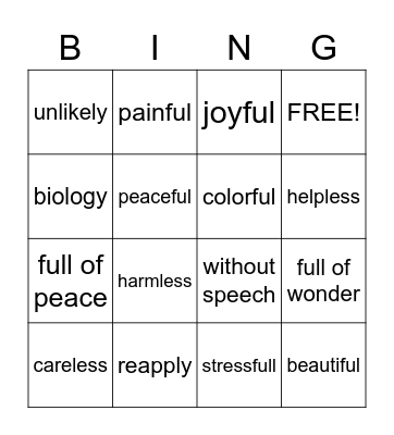 Prefix and Suffix Bing Bingo Card