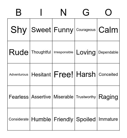 Character Trait Bingo Card