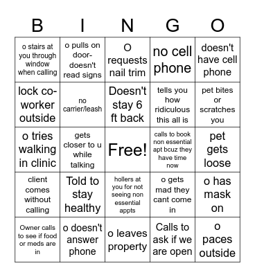 Covid-19 Veterinary Curbside Bingo Card