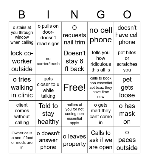 Covid-19 Veterinary Curbside Bingo Card