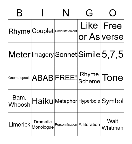 Poetry Terms Bingo Card