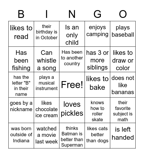 Get to Know You ( find someone who....) Bingo Card