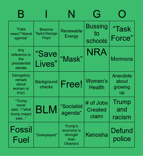 VP DEBATE Bingo Card