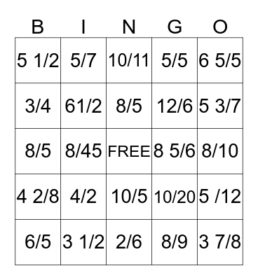 divide fraction Bingo Card