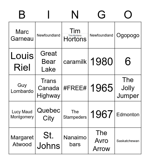 Canadian Trivia Bingo Card