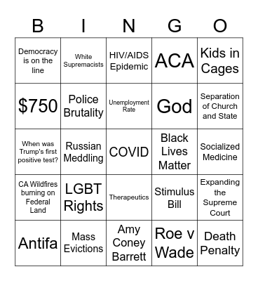 VP 2020 Debate Bingo Card