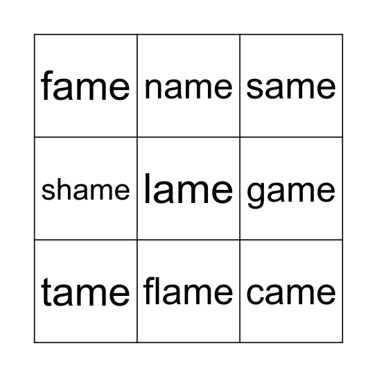 -ame words Bingo Card