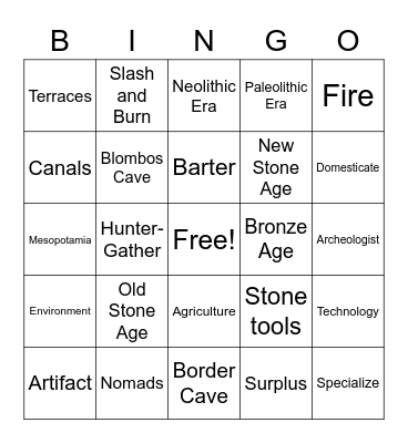 Early People Bingo Saric Bingo Card