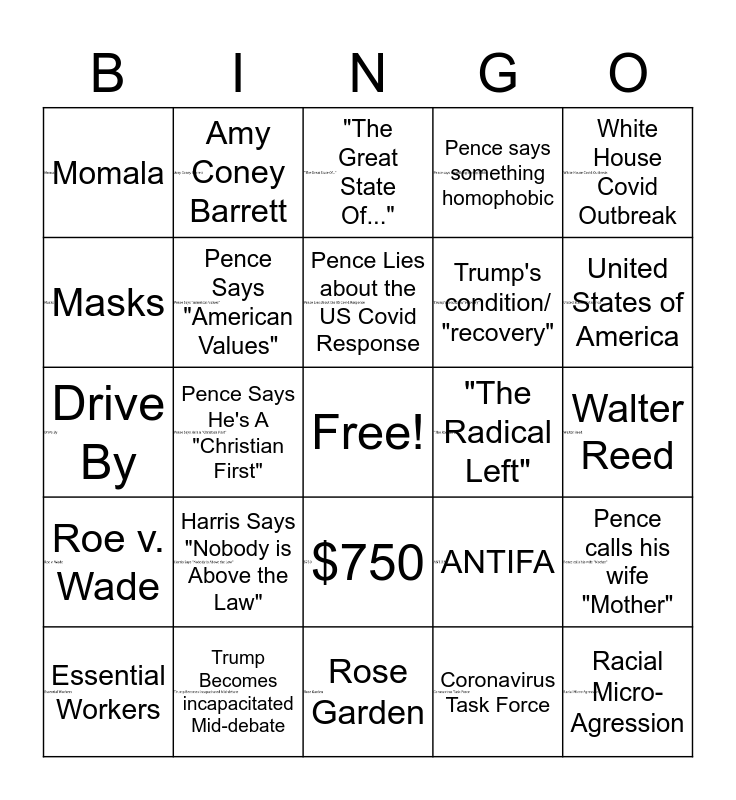 VP Debate Bingo Card