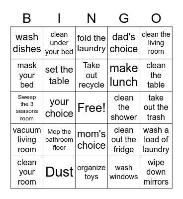 Sophi's Chore Bingo Card