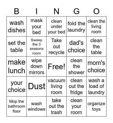 Sophi's Chore Bingo Card