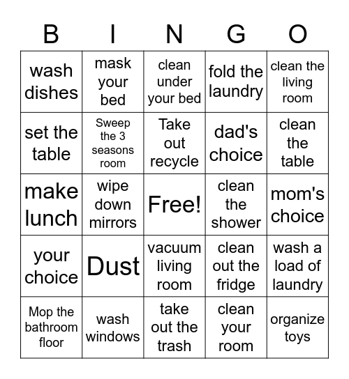 Sophi's Chore Bingo Card