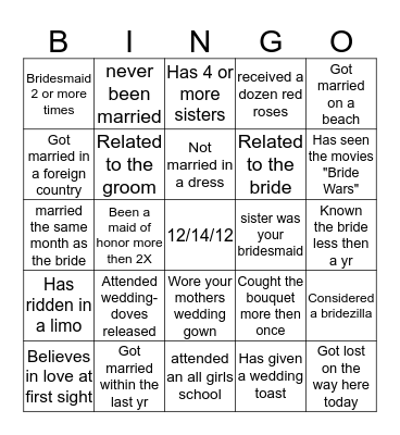 Wedding Bingo Card