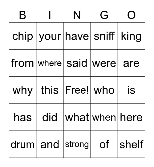 Sightword bingo Card