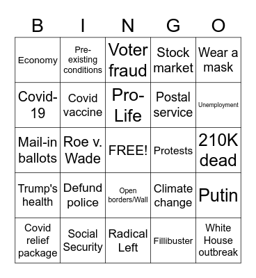 VP Debate 2020 Bingo Card