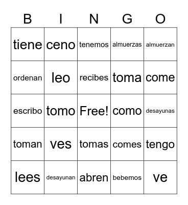 Er y Ir verbs Bingo Card