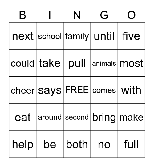 Sight Word Bingo Card