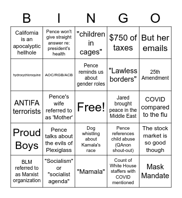 Veep Debate Bingo Card