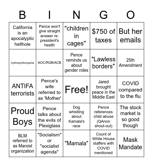 Veep Debate Bingo Card