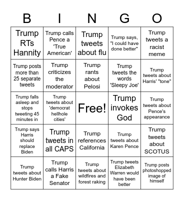POTUS LIVETWEET VP DEBATE BINGO Card