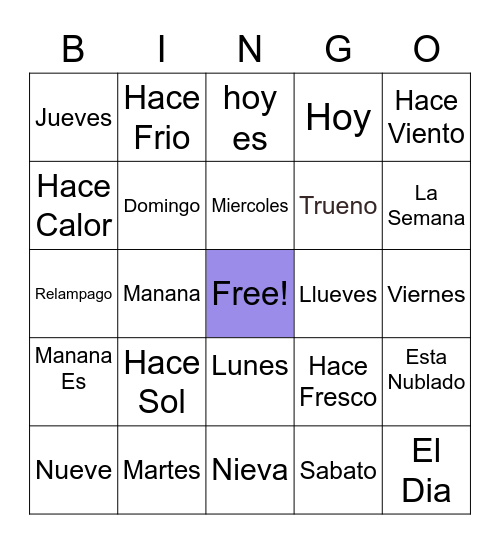 Spanish Week and Weather Bingo Card