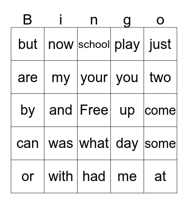 Sight Word Bingo Card