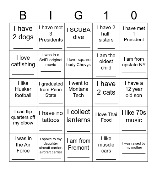 10 THINGS BINGO Card