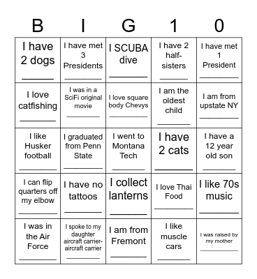 10 THINGS BINGO Card