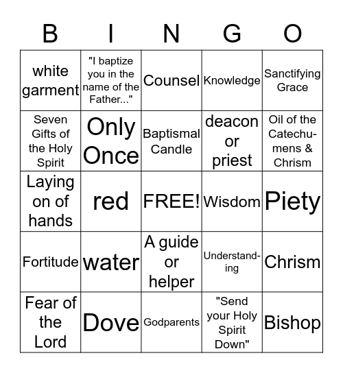 Baptism & Confirmation Bingo Card