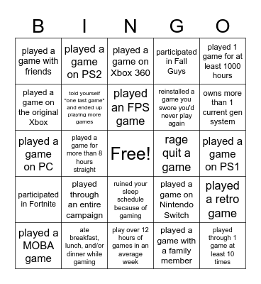 Casual Gamer Bingo Card