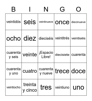 LOS NÚMEROS Bingo Card