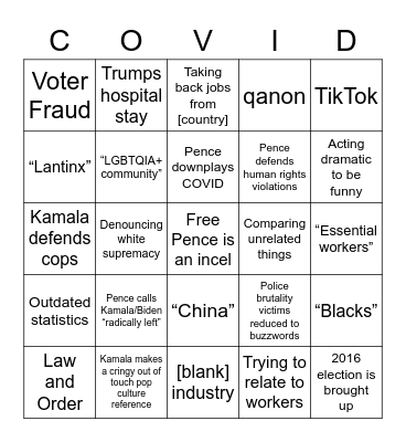 QPP VP Debate Bingo Card