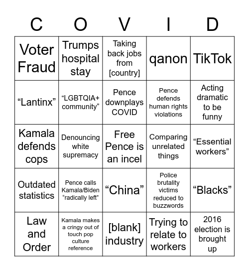 QPP VP Debate Bingo Card