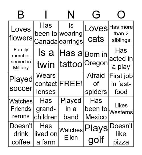 PIC Bingo Card