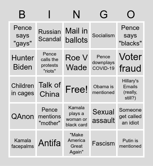 VP Debate Bingo Card