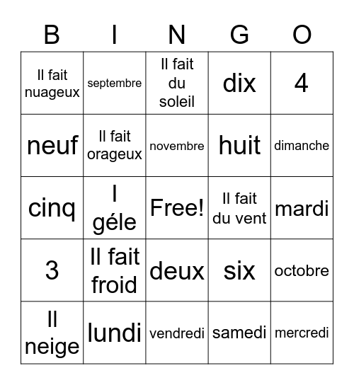 Temps/ Nombres/ Bingo Card