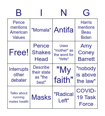 AA for Biden VP Debate Watch Party Bingo Card