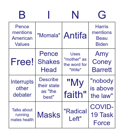 AA for Biden VP Debate Watch Party Bingo Card