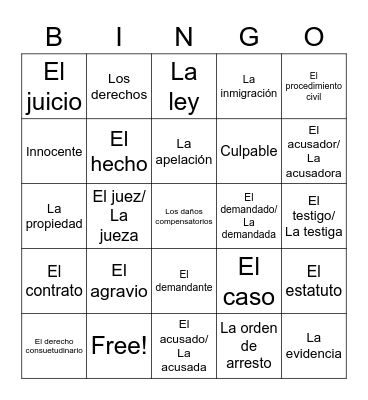 Vocabulario Legal Bingo Card