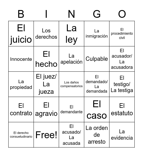 Vocabulario Legal Bingo Card