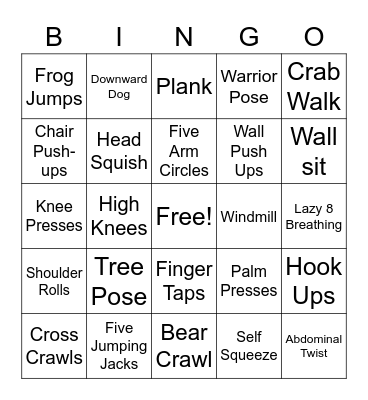 Get Up and Move Bingo Card