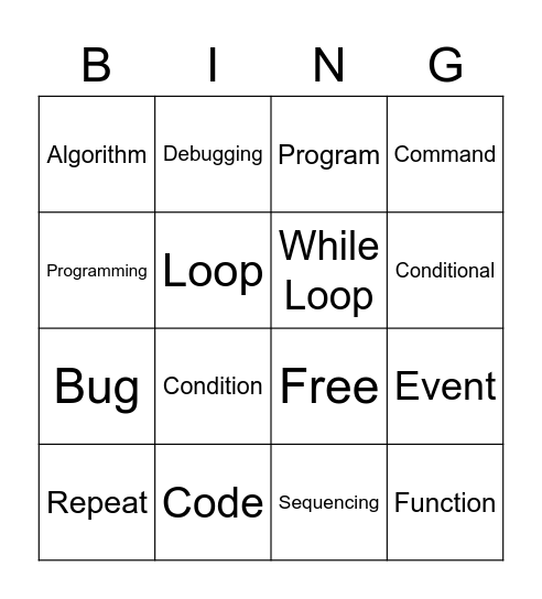 Lesson 12 Coding Bingo Card
